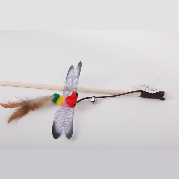 S-Wooden Cat Teaser With Bell Plush Dragonfly Charm